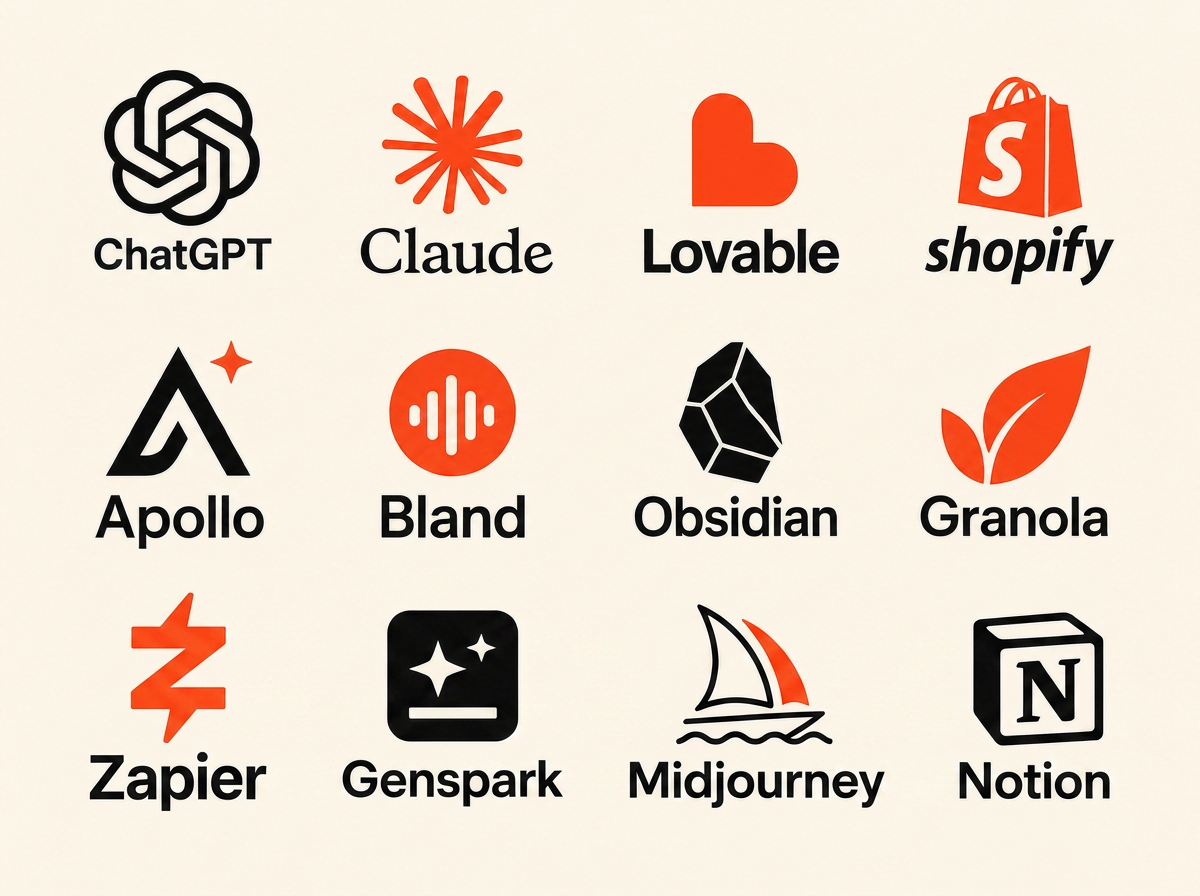 Grid of AI tools taught at AI Bootcamp including ChatGPT, Claude, Lovable, Shopify, Apollo, Bland, Obsidian, Granola, Genspark, Midjourney, Notion, and Zapier